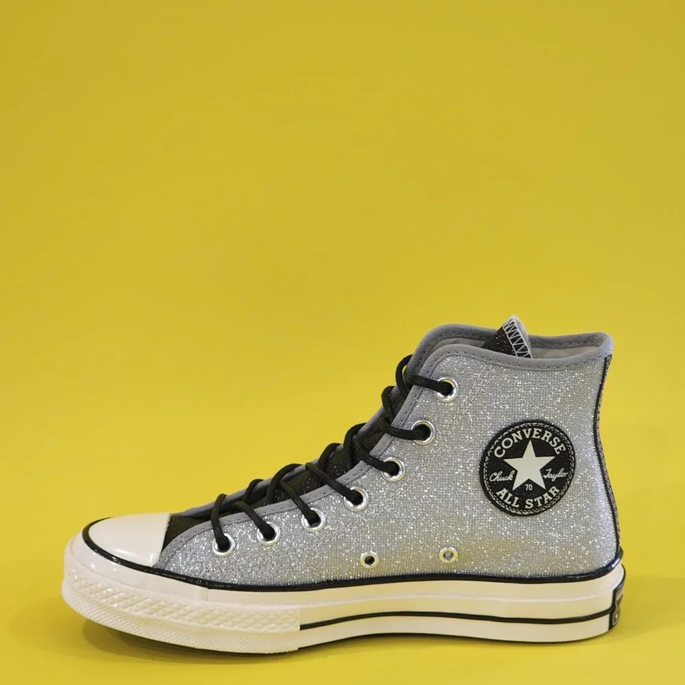 Converse Chuck 70 Hi Authentic Glam Silver Glitter Women's Sneakers 572038C NWT - Picture 3 of 6